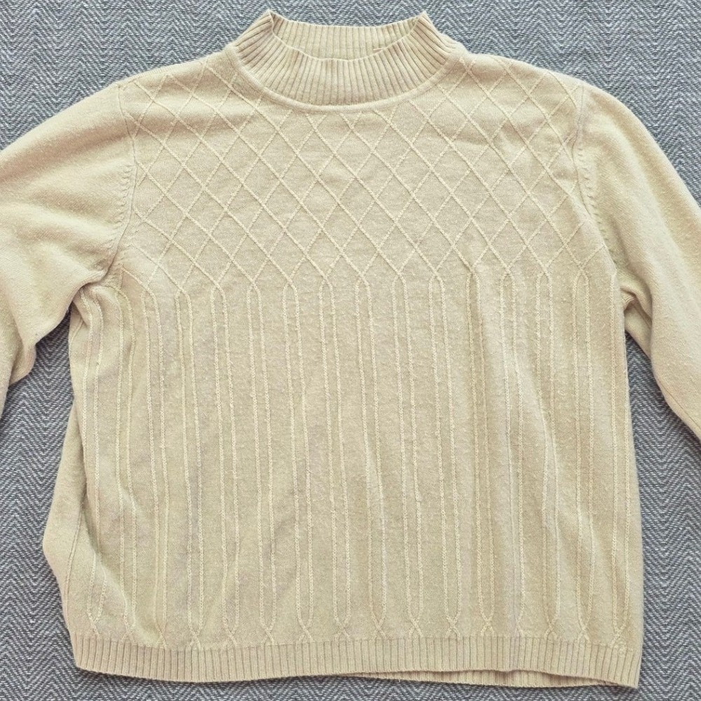Studio Works Petite Cream Beige Diamond Cable Knit Mock Neck Sweater Size PL